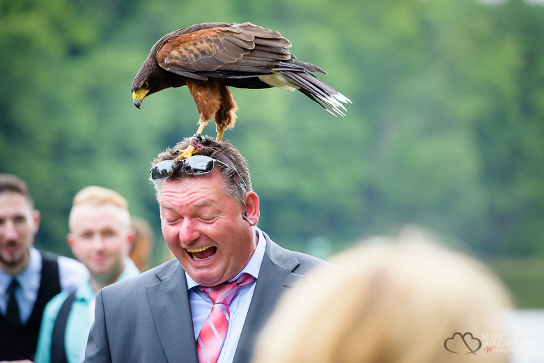 Adler auf dem Kopf eines Hochzeitsgast